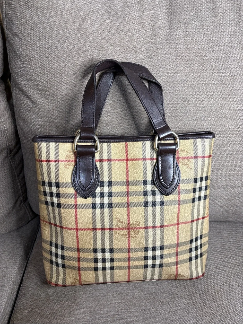 Burberry Vintage Small Haymarket Check Tote Brown Leather Trim with COA